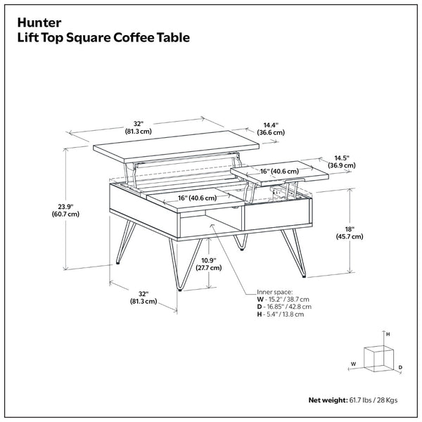 English Elm Hunter Solid Wood Lift Top Square Table with Gold Hairpin Legs and Hidden Storage B136P429092