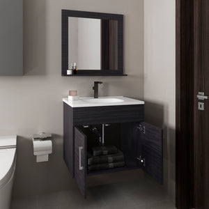 English Elm Bathroom Black Wengue Vanity Sink & Mirror Set with 2 Doors, Open Shelf, Engineered Wood, 24" Wide B097P350325
