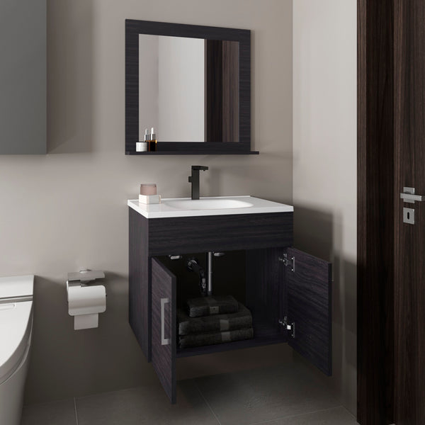 English Elm Bathroom Black Wengue Vanity Sink & Mirror Set with 2 Doors, Open Shelf, Engineered Wood, 24" Wide B097P350325