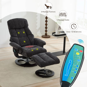 English Elm 010-Recliner Modern Dark Grey Chenille Swivel Lounge with Ottoman, Heated Seat, 5-Point Vibe Massage, 140° Recline, 250lb Capacity W2636P358627