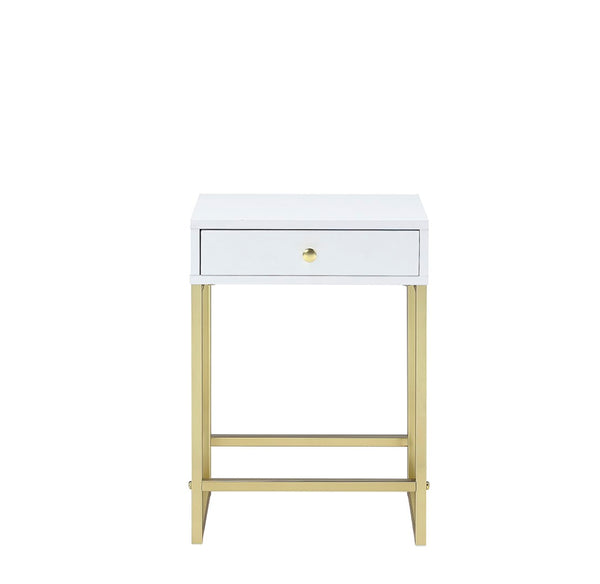 English Elm Coleen Contemporary White Veneer Accent Table with Brass Metal Base and Storage Drawer B2726P270971