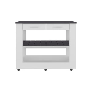 English Elm White Engineered Wood Rolling Kitchen Island with Drawers Cabinet and Open Shelving B062P439952