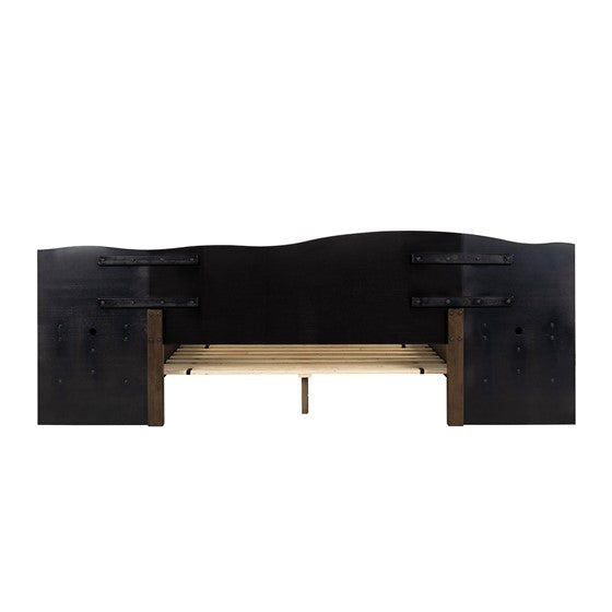 English Elm Platform Queen Bed with Live-Edge Headboard, Built-In Nightstands & Drawers, Dark Coffee Finish 600lb Capacity B035S00059