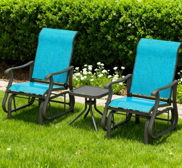 English Elm Gliding Patio Bistro Set Powder Coated Steel Mesh Chairs Tempered Glass Table T3971P420490