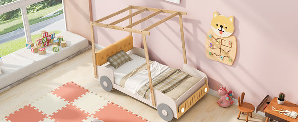 English Elm Wood Twin Car Bed with Pillow, Ceiling Canopy & LED Night Lights, Solid Pine Frame, Fun Kids Ride Bed - Twin Size, Natural Finish WF309288AAM