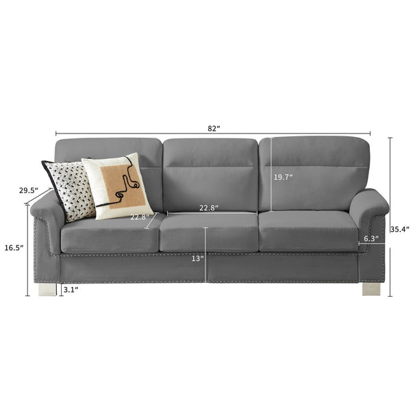 English Elm 82" Chesterfield Snowfleece Upholstered 3-seat Sofa Nailhead Trim Plush Living Room Gray W1359P386032
