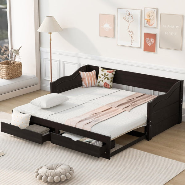 English Elm Wooden Twin Daybed with Pull Out Trundle and Dual Storage Drawers for Guest Rooms Espresso LP000519AAP-1