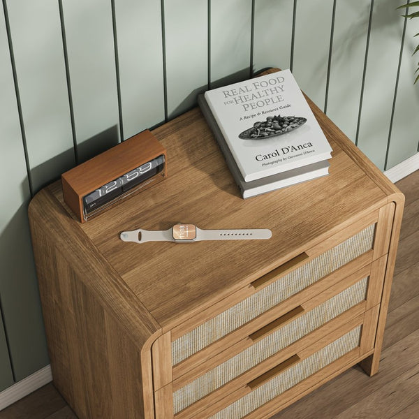 English Elm Rattan Drawer Nightstand Set with Built-in Charging Station and Open Shelf Bedroom Storage Caramel W1820P414049