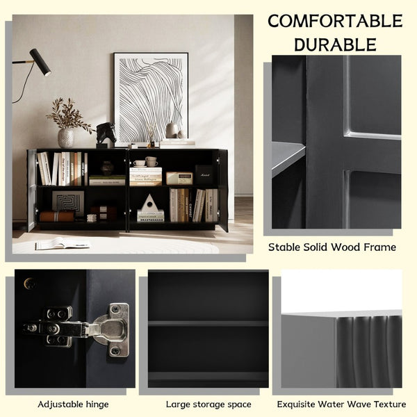 English Elm Buffet Sideboard with Wave Textured Doors Matte Black Sculptural Storage Cabinet W2263P353560