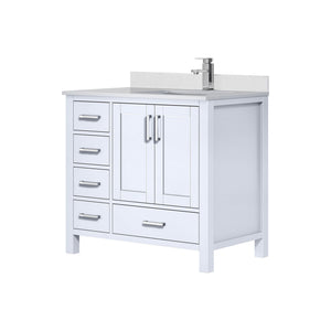 English Elm White 36 in Bath Vanity with Right Offset White Quartz Top, Soft-Close Drawers, Chrome Faucet Set B2731P259020
