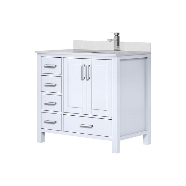 English Elm White 36 in Bath Vanity with Right Offset White Quartz Top, Soft-Close Drawers, Chrome Faucet Set B2731P259020