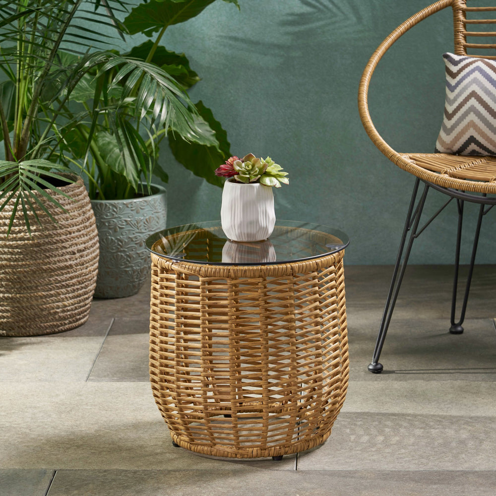 English Elm Christopher Knight Home® - ARIAS RATTAN SIDE TABLE with Tempered Glass Top, Boho Drum Design, Durable Woven Polyethylene Finish Light Brown 65764.00LBRN