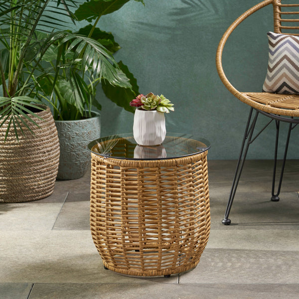 English Elm Christopher Knight Home® - ARIAS RATTAN SIDE TABLE with Tempered Glass Top, Boho Drum Design, Durable Woven Polyethylene Finish Light Brown 65764.00LBRN