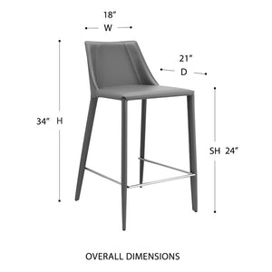 EuroStyle Kalle Upholstered Leather Counter Stool with Polished Footrest for Kitchen Islands 30917-GRY-MP1