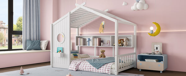 English Elm Twin House Floor Bed for Kids Montessori Playhouse with Roof, Built-In Shelf, Sturdy Pine Frame, Safeologna White 78.6 L x 16.6 W x 6.85 H N733P335064K