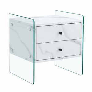English Elm Double-drawer modern bedside table with MDF surface, tempered glass sides, elegant storage design W1151P191734