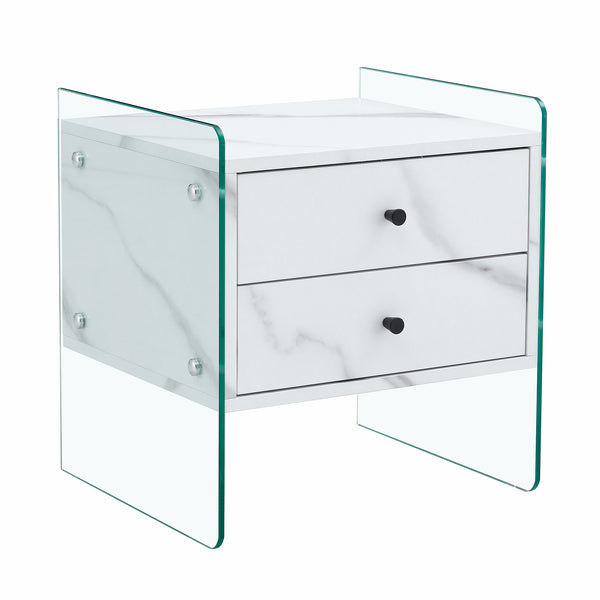 English Elm Double-drawer modern bedside table with MDF surface, tempered glass sides, elegant storage design W1151P191734