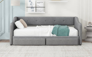 English Elm Twin XL Upholstered Daybed with Two Drawers — Convertible King Sofa Bed, Buttoned Back, Linen Upholstery Gray DL002056AAE