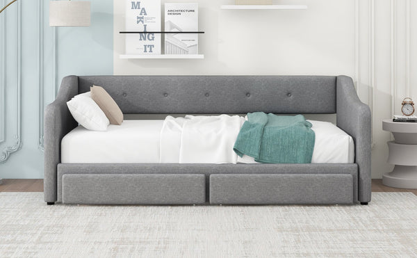 English Elm Twin XL Upholstered Daybed with Two Drawers — Convertible King Sofa Bed, Buttoned Back, Linen Upholstery Gray DL002056AAE