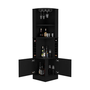 English Elm Corner Bar Cabinet Atanasio Black — Space-Saving Corner Wine Storage with Glass Rack, 8 Cubbies, Durable Materials B092S00012