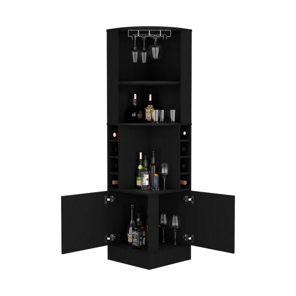 English Elm Corner Bar Cabinet Atanasio Black — Space-Saving Corner Wine Storage with Glass Rack, 8 Cubbies, Durable Materials B092S00012