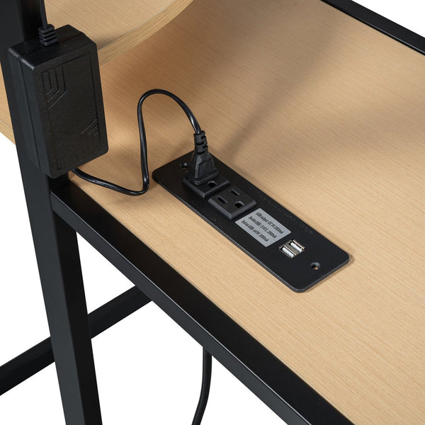 English Elm Twin Loft Bed with Built-In Desk, LED Light Strip, Power Outlet & Fabric Wardrobe for Small Rooms Black SF000178AAB