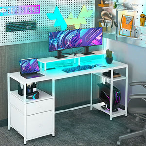 English Elm Homcom 61 Inch Gaming Desk with Led Strip Power Outlets Shelves Monitor Stand W2225P217259