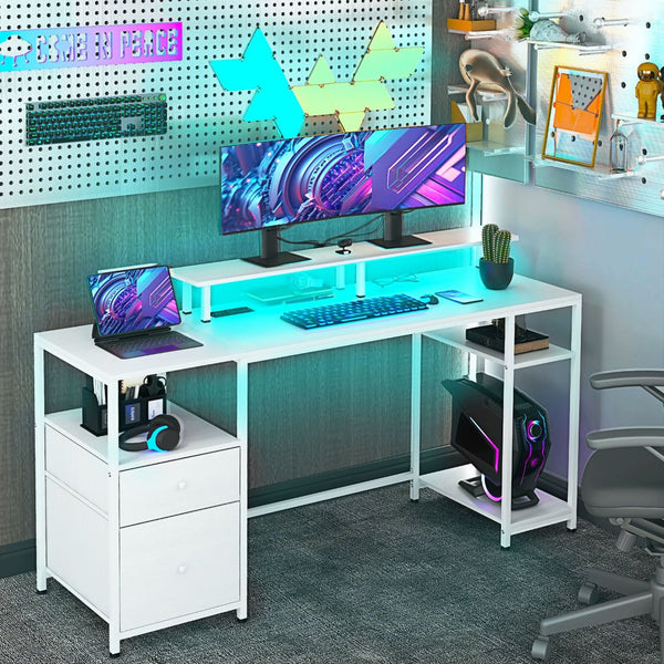 English Elm Homcom 61 Inch Gaming Desk with Led Strip Power Outlets Shelves Monitor Stand W2225P217259