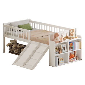 English Elm Twin Platform Kids Bed with Slide Ladder Guardrails Storage Shelf Wood Frame White N733S415411K