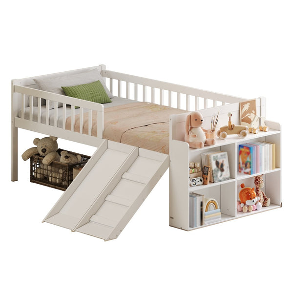 English Elm Twin Platform Kids Bed with Slide Ladder Guardrails Storage Shelf Wood Frame White N733S415411K