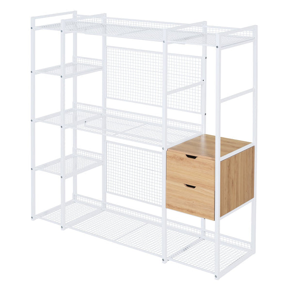 English Elm Open-Style Wardrobe Storage System with Heavy-Duty Metal Frame, Rails, Shelves & Drawers - Sleek Durable Design for Organized Living White SF000087AAK