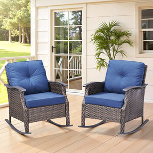 English Elm Outdoor Pe Rattan Gliding Patio Chair Set Handwoven Steel Frame with Plush Cushions Blue T3773S00018