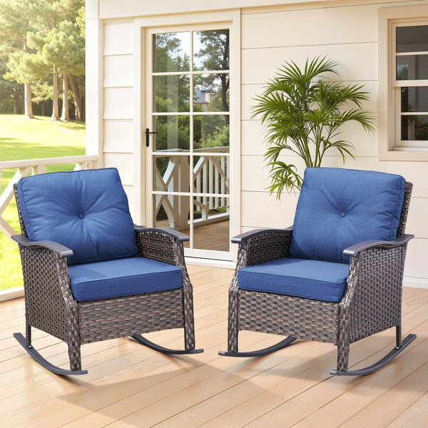 English Elm Outdoor Pe Rattan Gliding Patio Chair Set Handwoven Steel Frame with Plush Cushions Blue T3773S00018