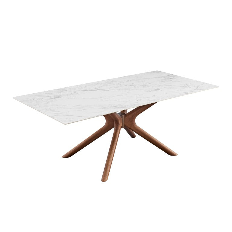 EuroStyle Maurice Marbled Ceramic Rectangular Dining Table with Solid Ash Walnut Base Seats 8 30962WHT-KIT