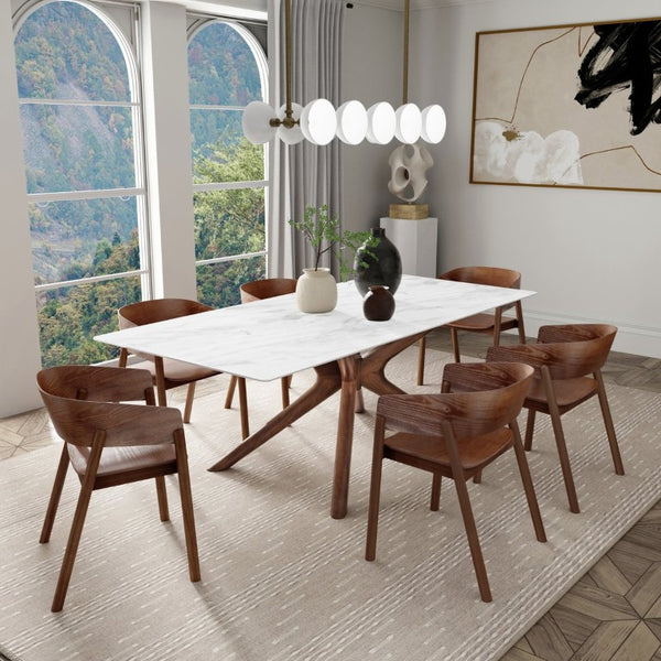 EuroStyle Maurice Marbled Ceramic Rectangular Dining Table with Solid Ash Walnut Base Seats 8 30962WHT-KIT
