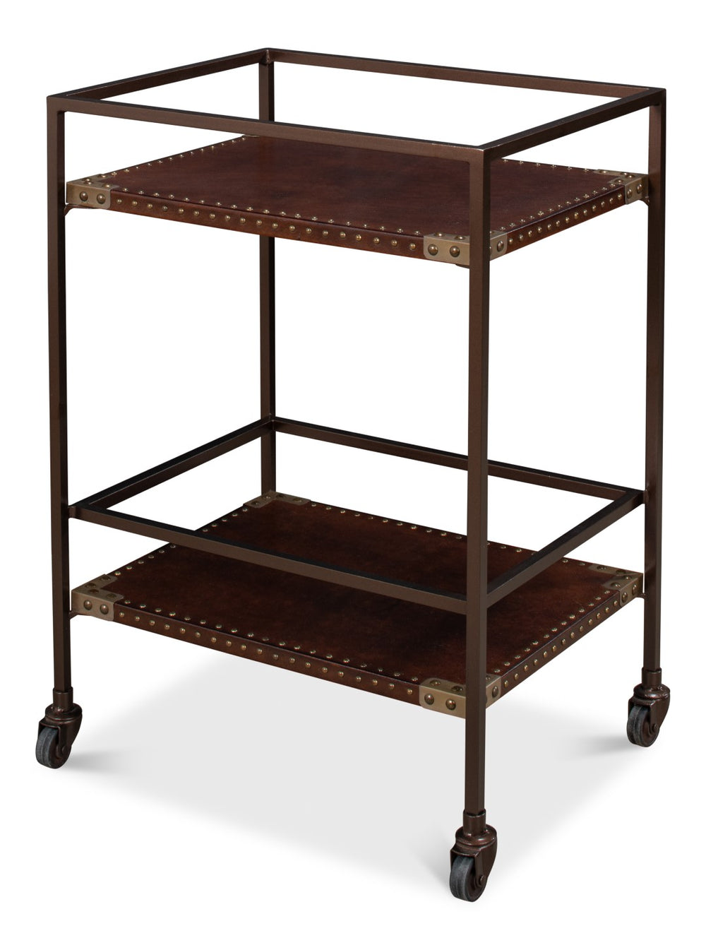 Sarreid Trolley Side Table - Elegant Brass & Bronze Metal On Casters With Antique Brown Leather Finish Brown  30965