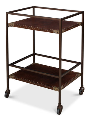 Sarreid Trolley Side Table - Elegant Brass & Bronze Metal On Casters With Antique Brown Leather Finish Brown  30965