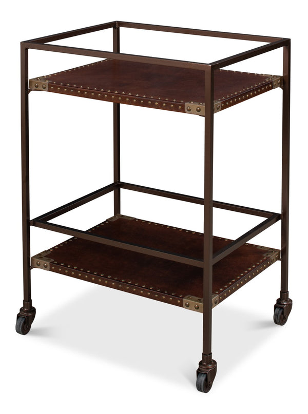 Sarreid Trolley Side Table - Elegant Brass & Bronze Metal On Casters With Antique Brown Leather Finish Brown  30965