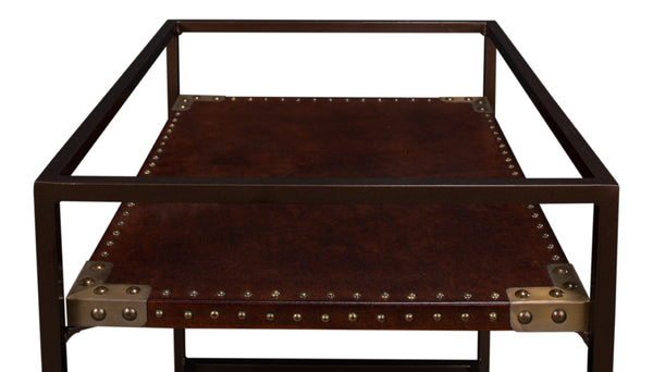 Sarreid Trolley Side Table - Elegant Brass & Bronze Metal On Casters With Antique Brown Leather Finish Brown  30965