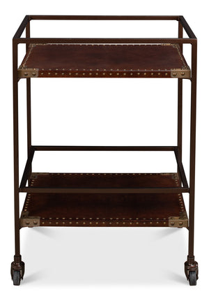 Sarreid Trolley Side Table - Elegant Brass & Bronze Metal On Casters With Antique Brown Leather Finish Brown  30965