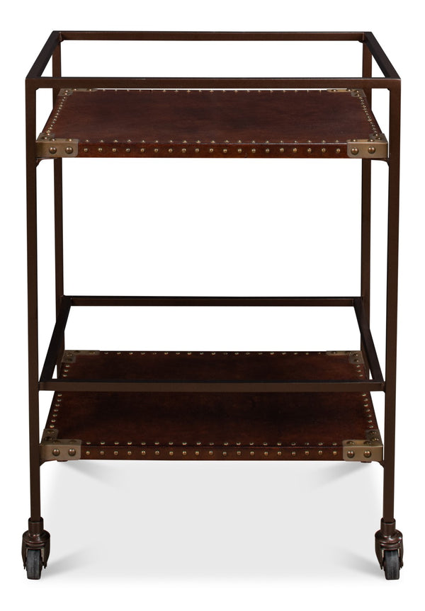 Sarreid Trolley Side Table - Elegant Brass & Bronze Metal On Casters With Antique Brown Leather Finish Brown  30965