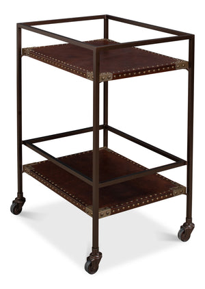 Sarreid Trolley Side Table - Elegant Brass & Bronze Metal On Casters With Antique Brown Leather Finish Brown  30965