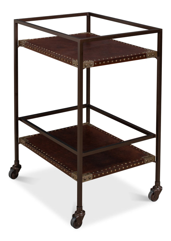 Sarreid Trolley Side Table - Elegant Brass & Bronze Metal On Casters With Antique Brown Leather Finish Brown  30965