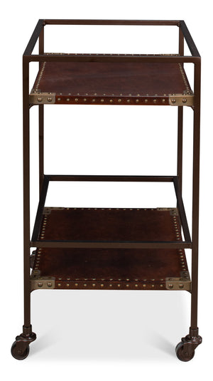 Sarreid Trolley Side Table - Elegant Brass & Bronze Metal On Casters With Antique Brown Leather Finish Brown  30965