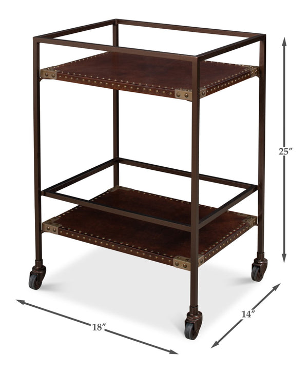 Sarreid Trolley Side Table - Elegant Brass & Bronze Metal On Casters With Antique Brown Leather Finish Brown  30965