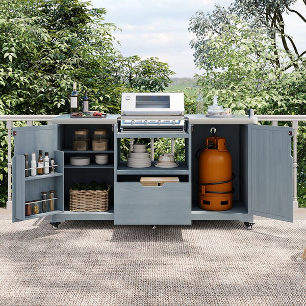 English Elm K&K 66.5" Outdoor Kitchen Island with 1.2" Stainless Steel Top, Ample Storage, Wheels & Bottle Opener Grey+Blue N707P250629G