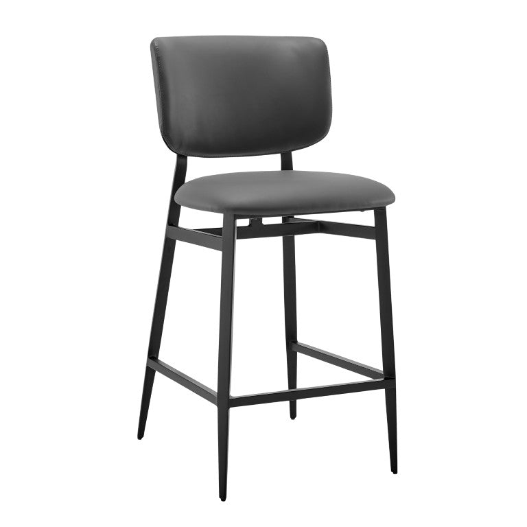 EuroStyle Felipe Upholstered Counter Stool with Curved Back and Matte Black Steel Base Gray Leatherette 30973-GRY