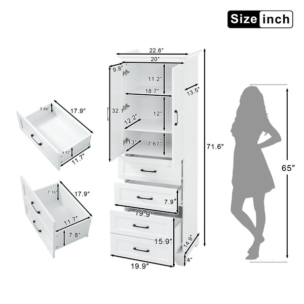 English Elm 71.6" Free-Standing Bathroom Vanity with Soft-Close Doors, 3 Drawers, Adjustable Shelves, White Finish N729P335599K