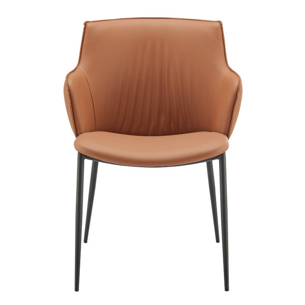 EuroStyle Ronja Leatherette Accent Armchair with Sculptural Back and Matte Black Steel Base Dark Caramel 30980-COG