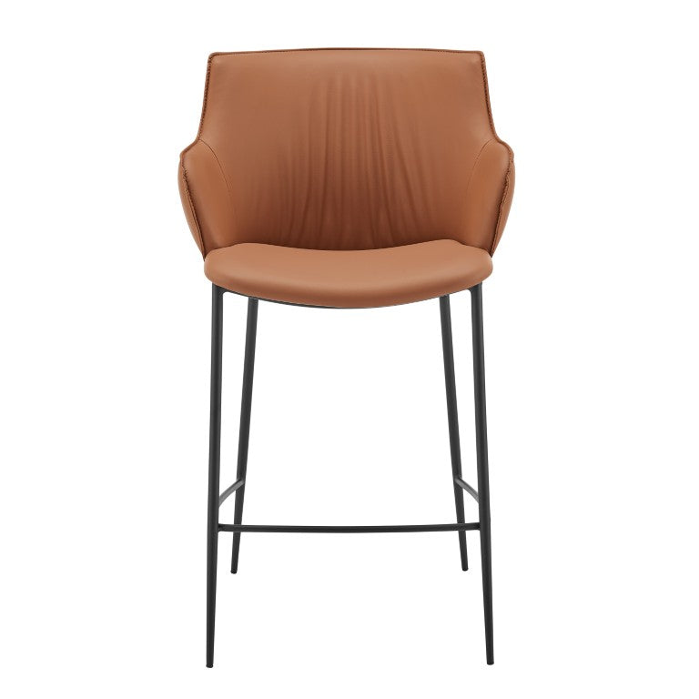EuroStyle Ronja Sculptural Leatherette Counter Stool with Powder Coated Steel Legs for Kitchen Islands Dark Caramel 30982-COG